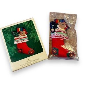 NEW Vintage 1983 Hallmark Ornament Hand Embroidered Stocking Rainbow Teddy